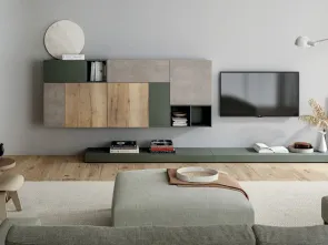 Parete Attrezzata 16 con finitura in nobilitato design vintage e concrete e laccato opaco roccia di Dielle Modus